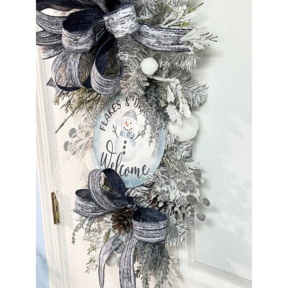 Luxe Winter Midnight Navy Blue Gray Silver Winter Teardrop Swag Wreath - Picture 6 of 9